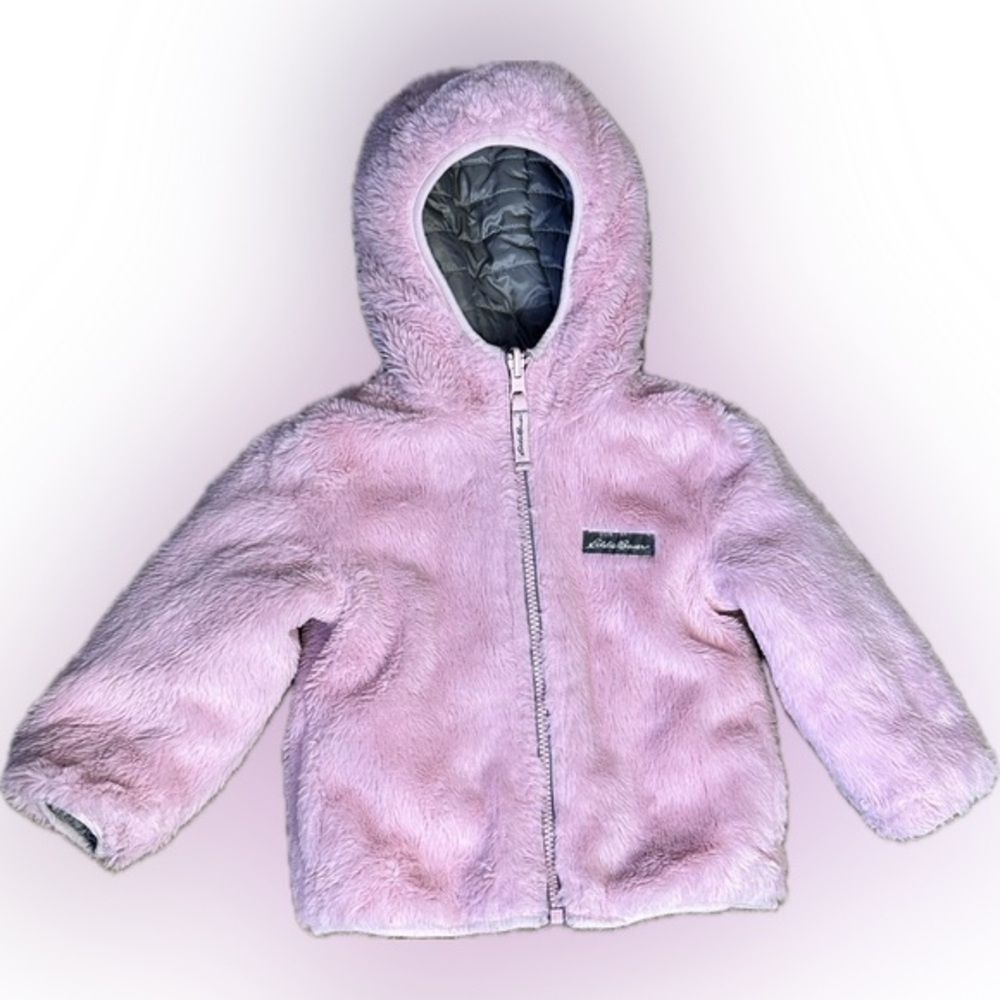 Eddie Bauer Reversible Snuggly Coat Gray Windbreaker Pink Faux Fur size 2T